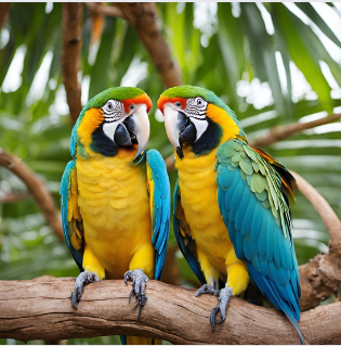 a couple of colorful parrots on a tree branch