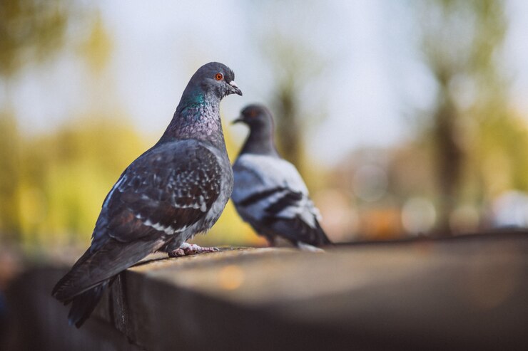 a couple of pigeons on a ledge