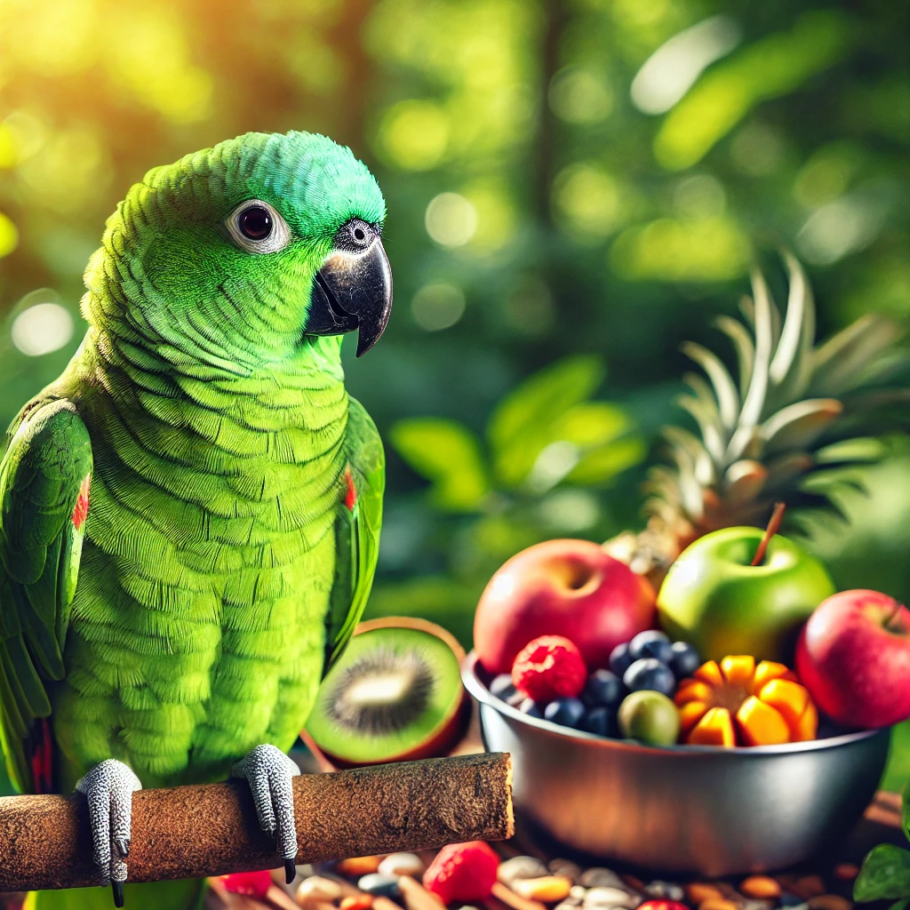 a green parrot sitting on a branch with fruit in a bowl