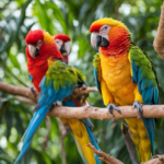 a group of colorful birds on a branch