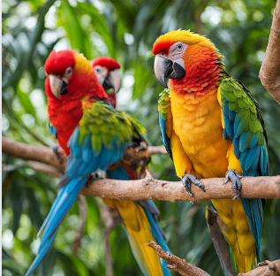 a group of colorful birds on a branch