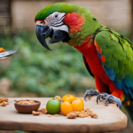 a parrot standing on a table with food on it