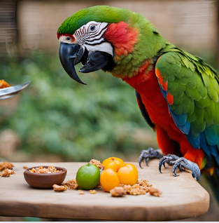 a parrot standing on a table with food on it