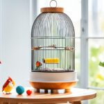 a bird cage with colorful eggs on a table