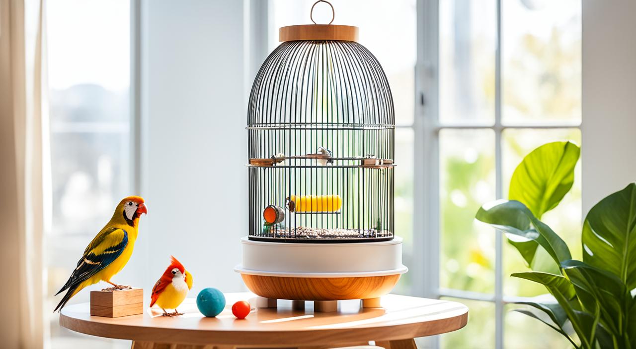 a bird cage with colorful eggs on a table