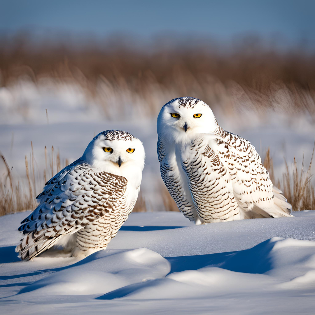 two owls standing in the snow