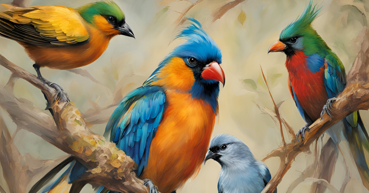 a group of colorful birds on a tree branch