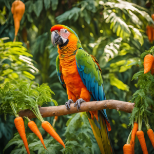 a parrot on a branch with carrots