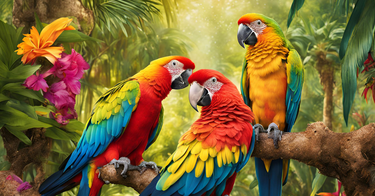 a group of colorful parrots on a tree branch