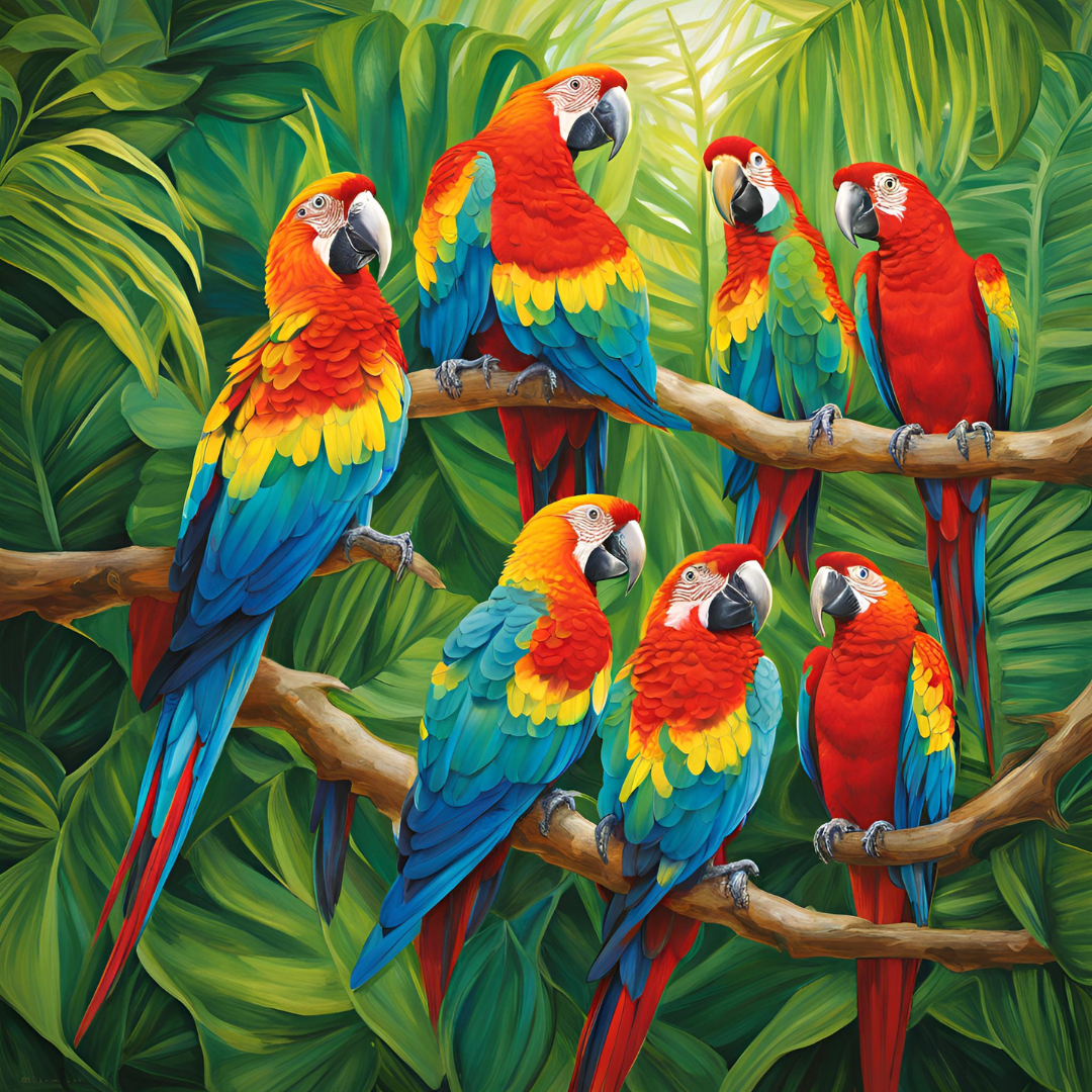 a group of colorful parrots on a tree branch